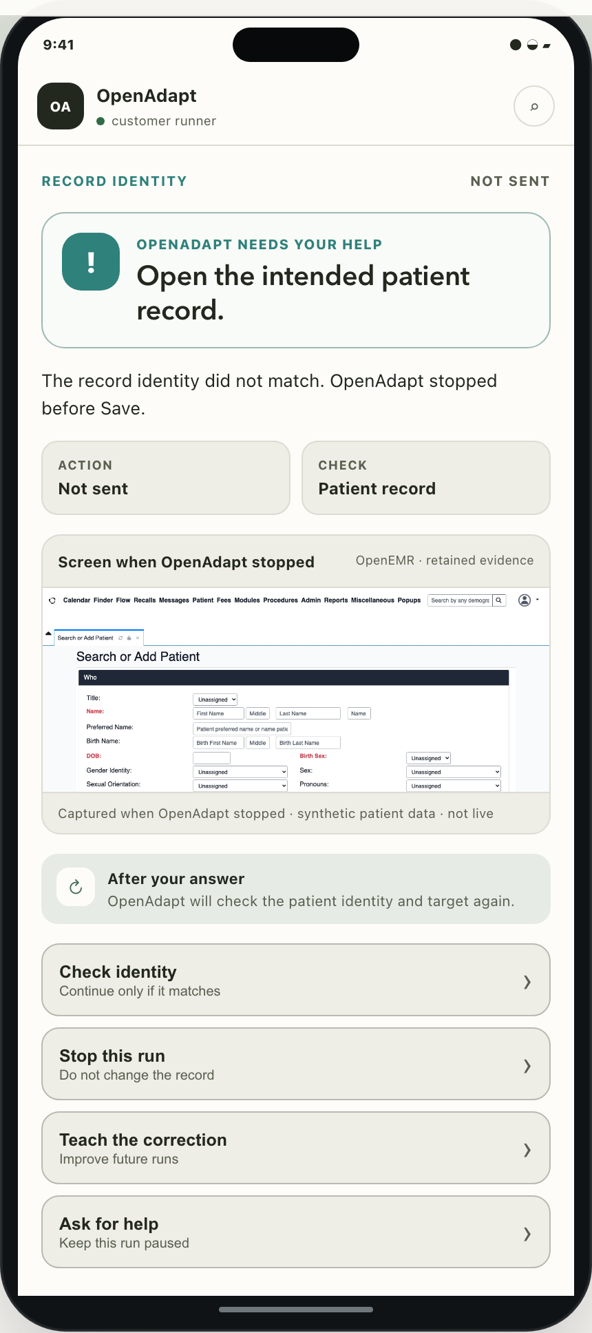 OpenAdapt mobile portal requesting an identity check before Save