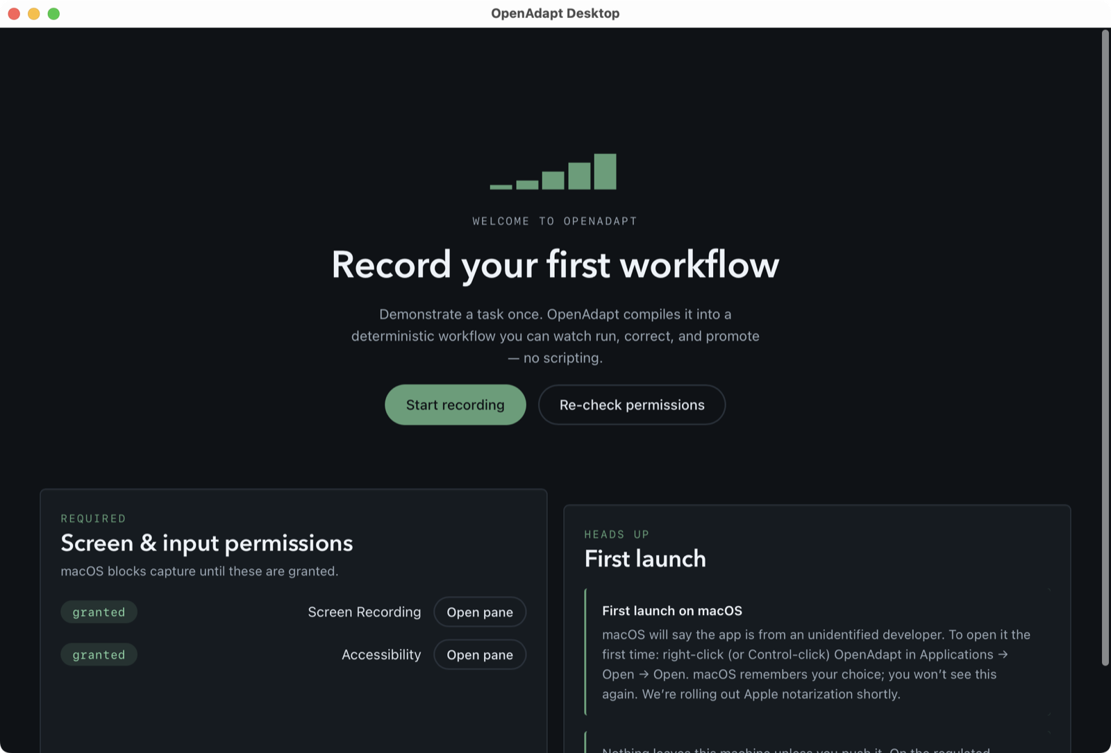 OpenAdapt Desktop first-run onboarding "Record your first workflow", with screen and input permission checks granted and macOS first-launch guidance.