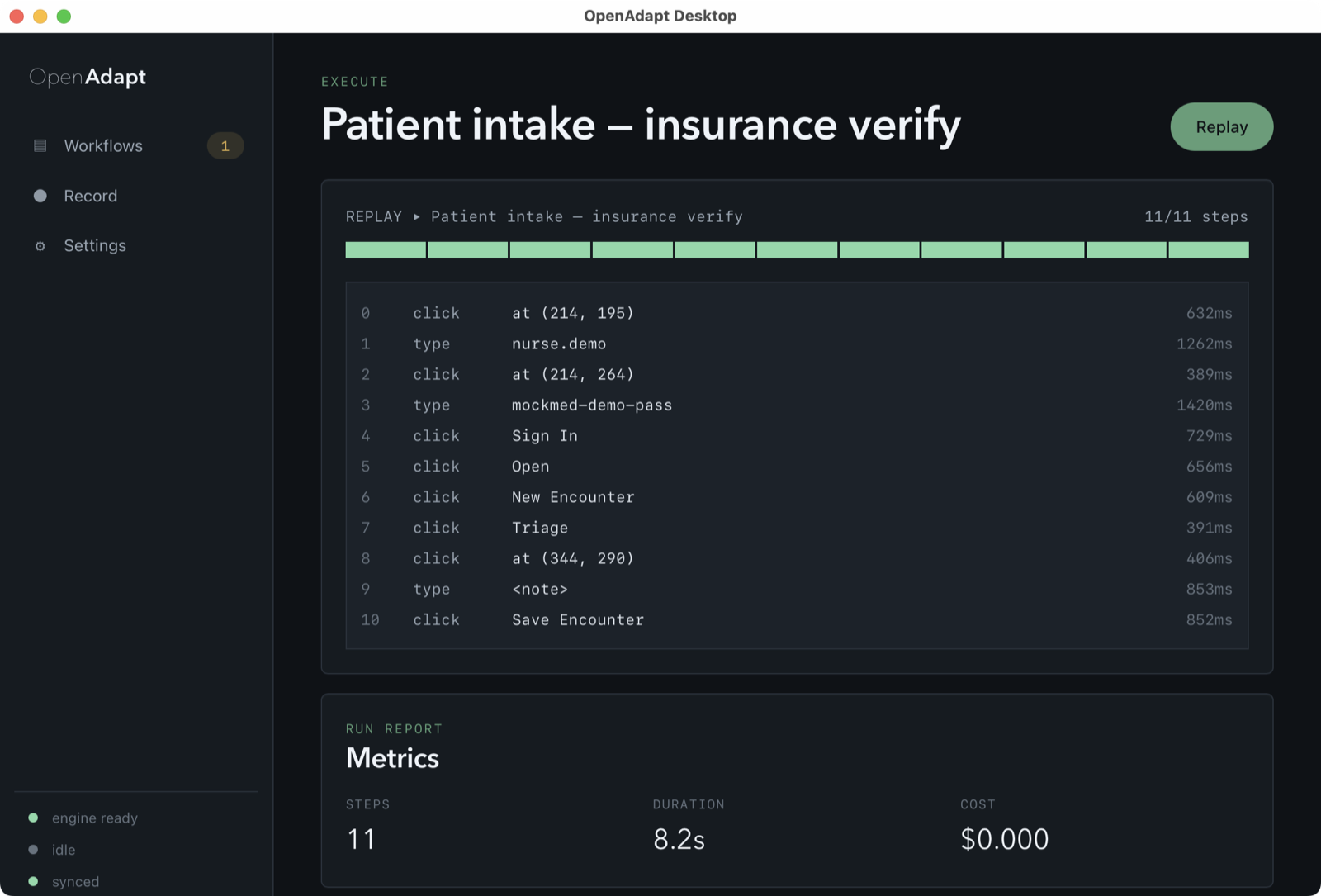 OpenAdapt Desktop run detail for Patient intake insurance verify: all 11 of 11 steps verified, with a run report showing 11 steps, 8.2s duration, and $0.000 model cost.