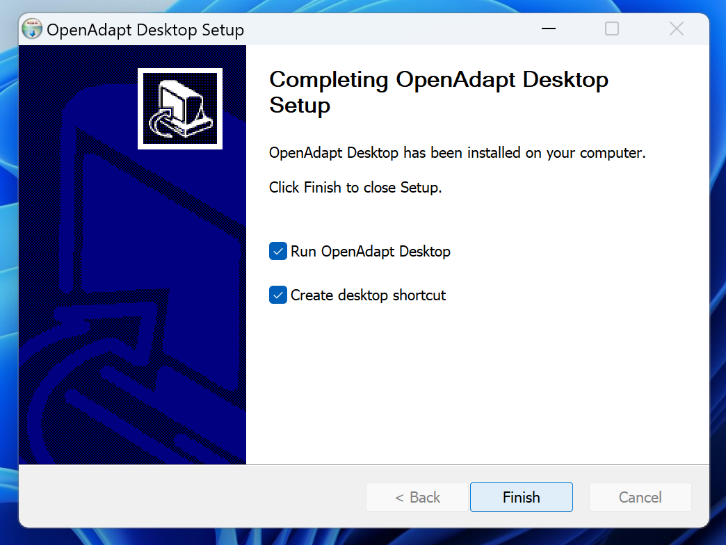 Completing page reading "Completing OpenAdapt Desktop Setup" with "Run OpenAdapt Desktop" and "Create desktop shortcut" checked.