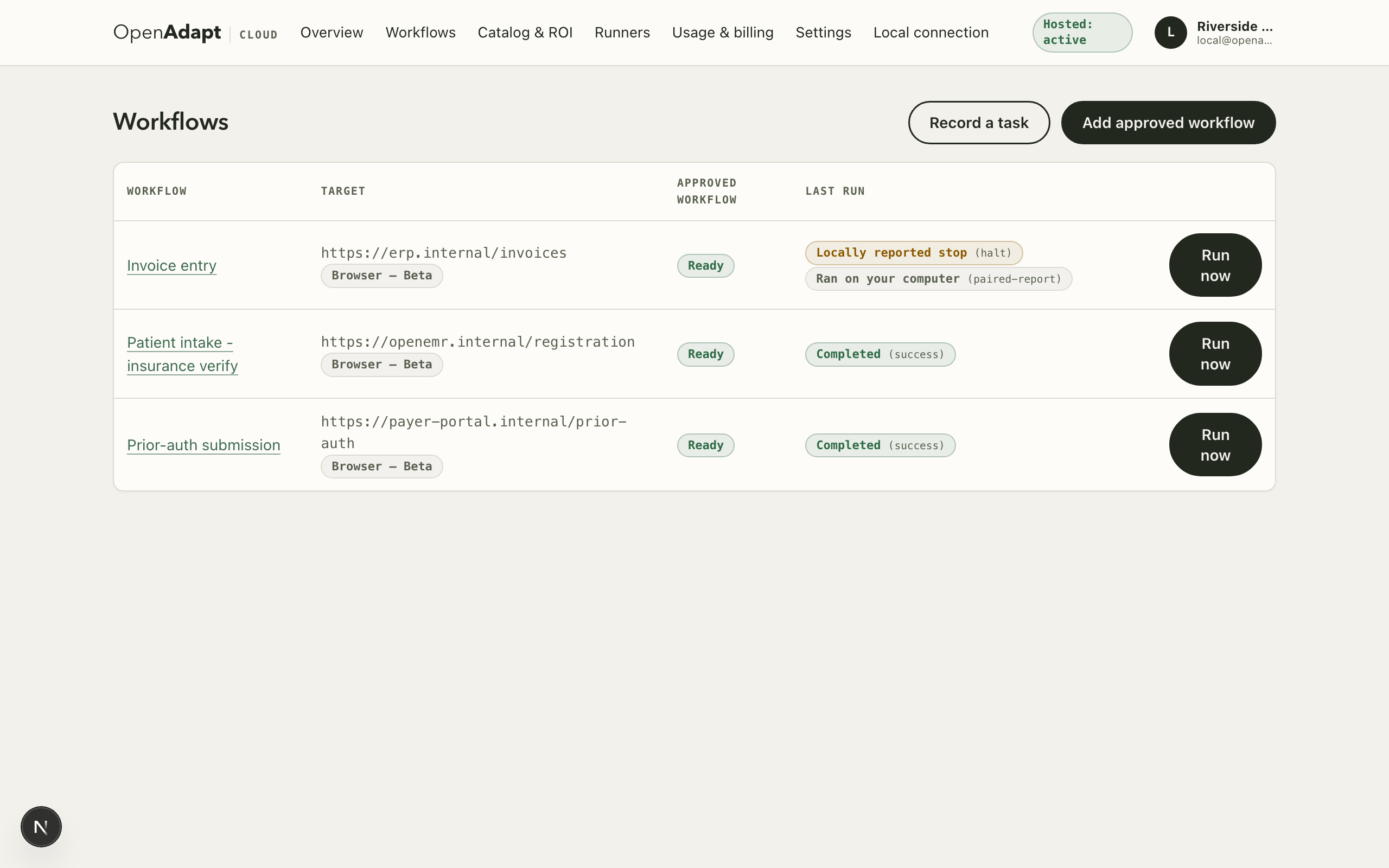 The OpenAdapt Cloud workflows dashboard at app.openadapt.ai: approved workflows, compiled bundle versions, and run history in the real hosted product.